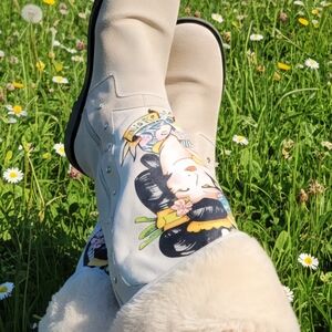 Ed Hardy Cream Winter Boots with Artistic Design